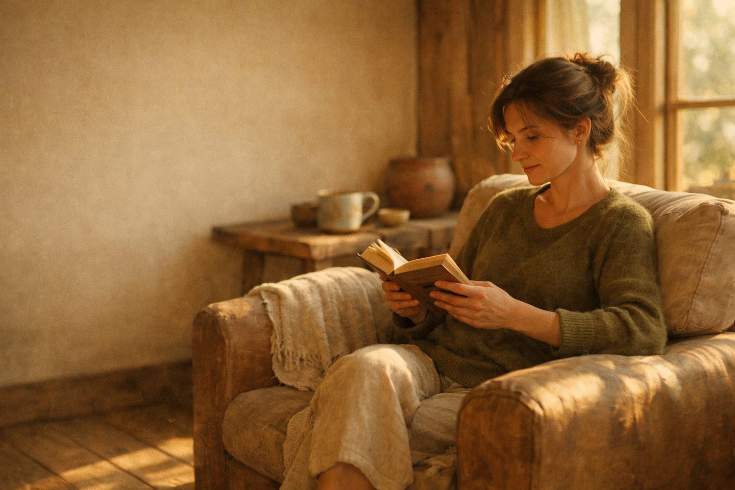 Woman reading in an armchair by a window, warm morning light, linen throw over the armrest